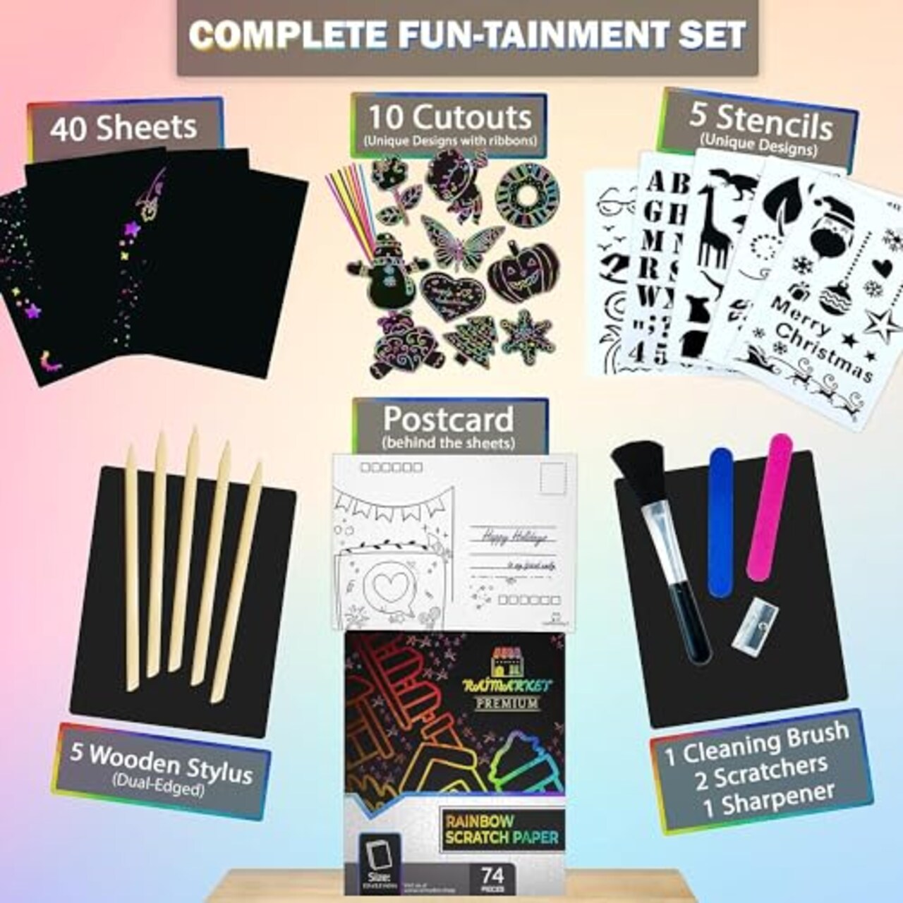 Christmas Gifts for Kids 74 Pieces, Scratch Art for Kids, Arts and Crafts for Kids, Rainbow Scratch Paper Art Set for Girl Birthday Gifts, 4-6 Christmas Girl Gifts Unicorn Toys